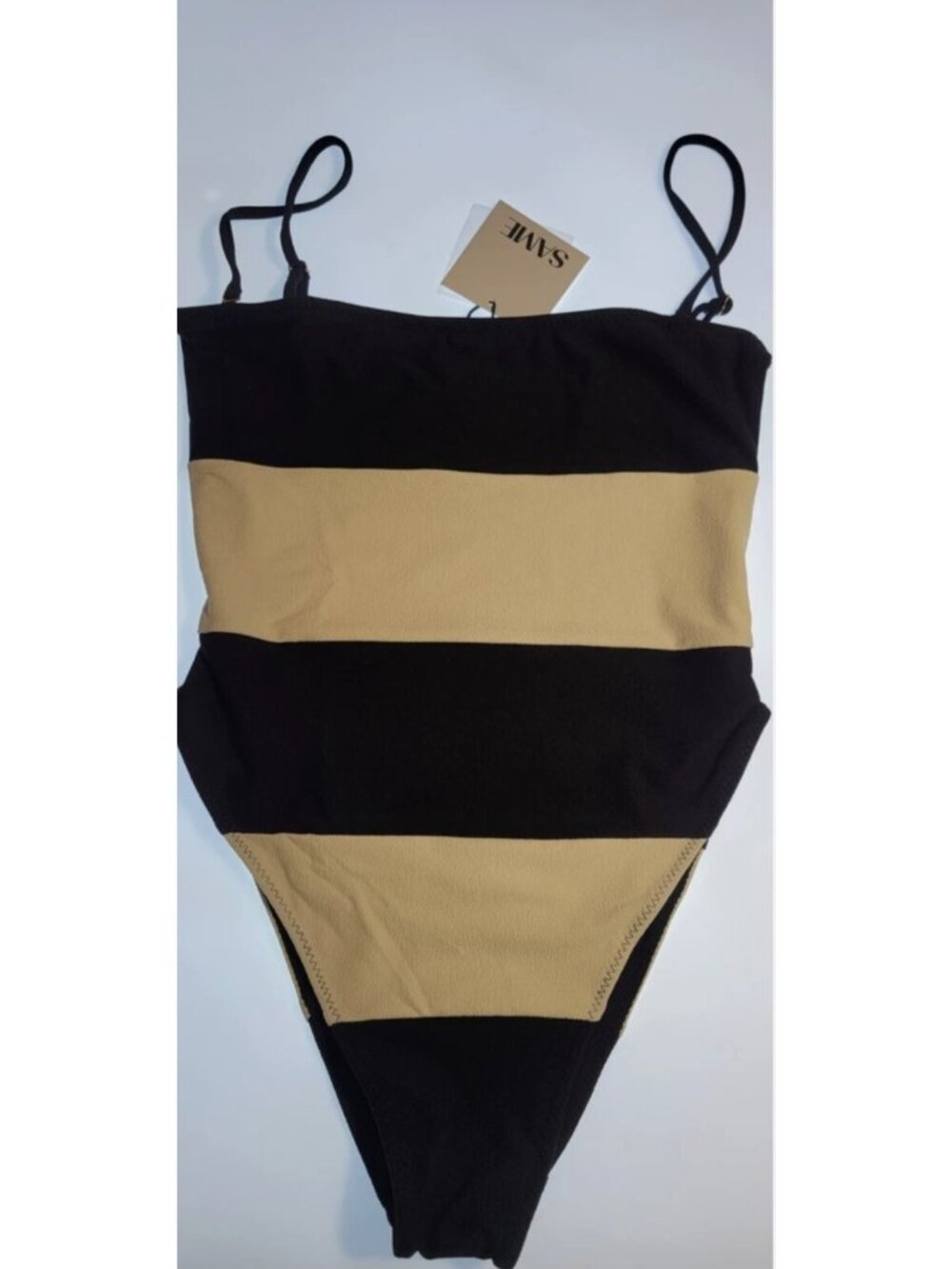 Same L Strapless One Piece Swimsuit Black Ivory Stripe Bandeau NWT